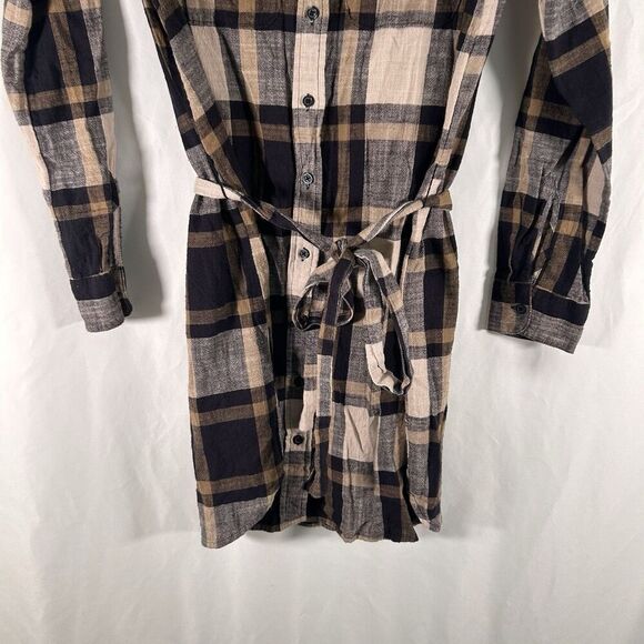 LOFT Knee Length Dress Women's Small Petite Brown Blue Plaid Button Up Tie Waist - Picture 3 of 7